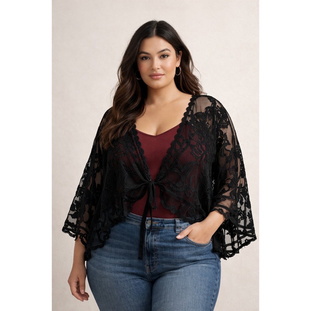 Black Crochet Lace Tie Front Shrug‎ Bolero Women's Plus Boho Cottagecore